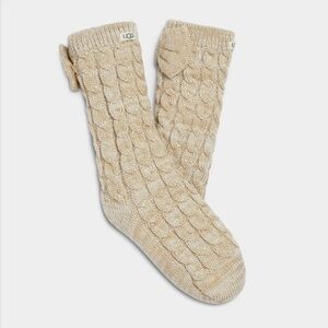 NWT UGG Women’s Fleece Lined Cream Gold Cable Knit Cozy Bow Socks